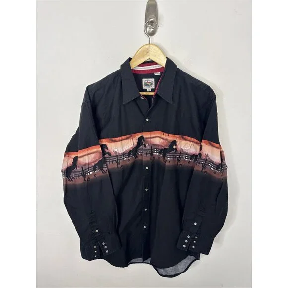 Cumberland Men XL Pearl Snap Long Sleeve Shirt Black Horse Western - Picture 1 of 4